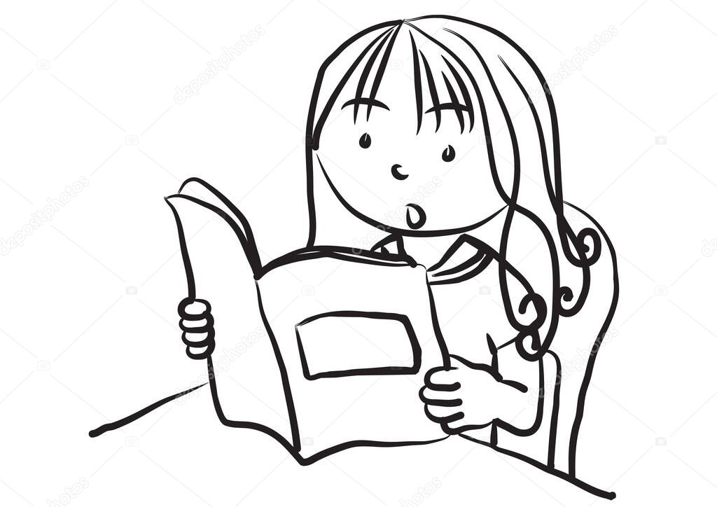 sketch of schoolgirl reading book isolated on white background, back to school concept 