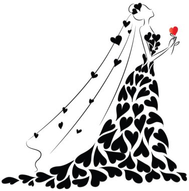 Elinde çiçek buketi olan bir kızın siyah-beyaz çizimi