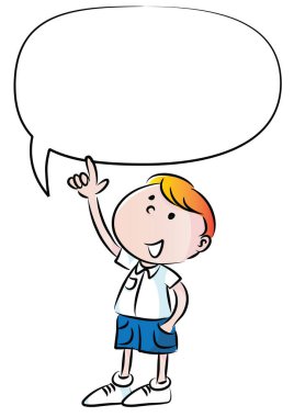 Çizgi film çocuğu elinde boş bir konuşma balonu tutuyor.