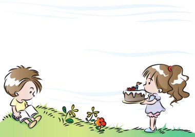 Pasta yiyen bir kızla bir oğlanın resmi.