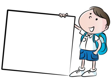 Elinde boş bir tabela tutan bir çocuğun karikatür çizimi