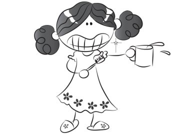 Diş fırçası olan bir kızın siyah beyaz karikatür çizimi