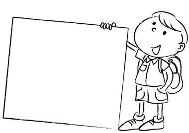 Elinde boş bir afiş tutan bir çocuğun karikatür çizimi