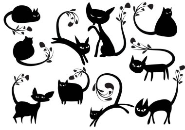 Beyaz arkaplan, vektör, illüstrasyon üzerinde izole şirin kedi düz simgeleri seti