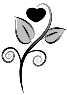 Bitkinin üzerindeki kalbin siyah-beyaz çizimi    