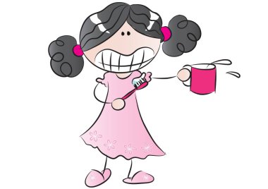 Diş fırçası ve fincanı olan tatlı bir kızın çizgi film karakteri.