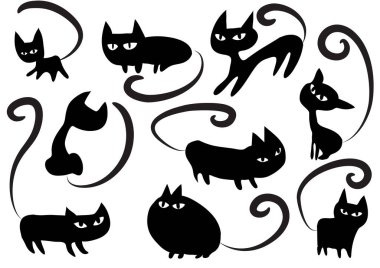 Beyaz arkaplan, vektör, illüstrasyon üzerinde izole şirin kedi düz simgeleri seti