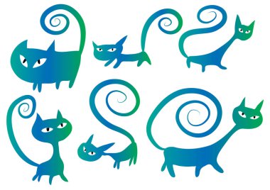 Beyaz arkaplan, vektör, illüstrasyon üzerinde izole şirin kedi düz simgeleri seti