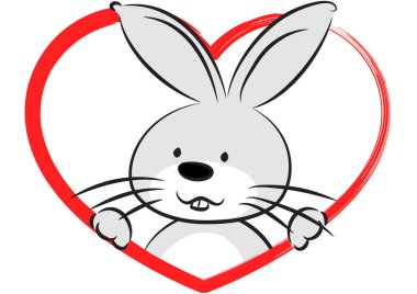 Beyaz arka planda kırmızı kalpli tavşan 