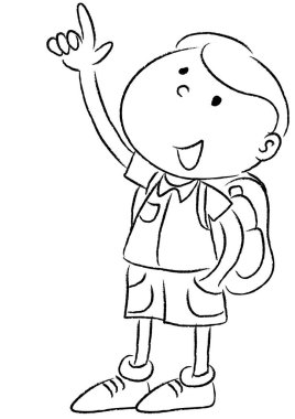 Sırt çantalı bir çocuğun siyah beyaz çizgi film resimlerini boyuyorum.