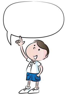 Çizgi film çocuğu elinde boş bir konuşma balonu tutuyor.