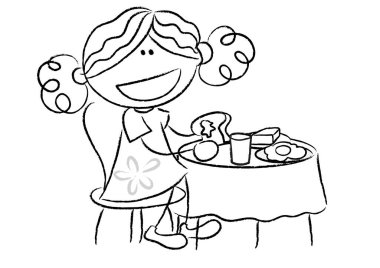 Çizgi film kızı yemek masasında beyaz arka planda tek başına yemek yiyor. 