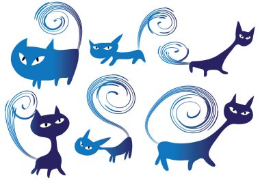 Beyaz arkaplan, vektör, illüstrasyon üzerinde izole şirin kedi düz simgeleri seti