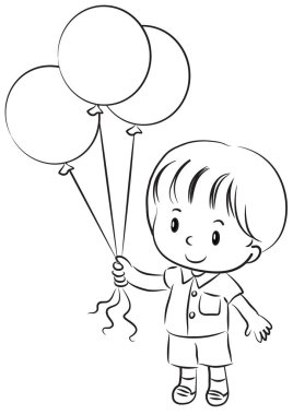 Balonlu bir çocuğun siyah beyaz çizimleri. 