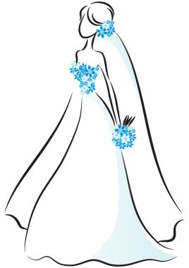 Gelinlik giymiş bir buket çiçekli kadın.