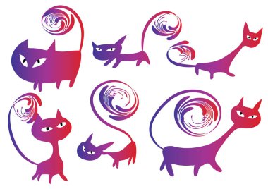 Beyaz arkaplan, vektör, illüstrasyon üzerinde izole şirin kedi düz simgeleri seti