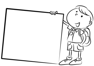 Elinde boş bir afiş tutan bir çocuğun karikatür çizimi