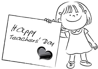 Elleri çizilmiş mutlu gülümseyen bir kızın boş bir el çizimi. 