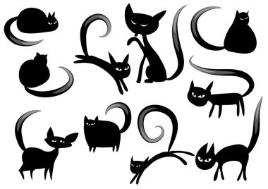 Beyaz arkaplan, vektör, illüstrasyon üzerinde izole şirin kedi düz simgeleri seti