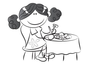 Siyah beyaz çizgi film kızı öğle yemeği yiyor.