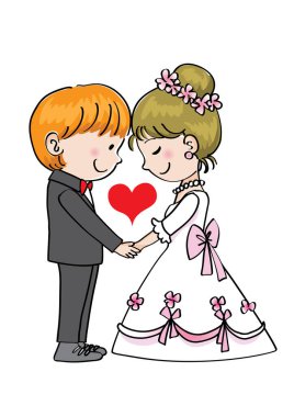 cartoon groom with bride in wedding dress isolated on white background, family time concept  clipart