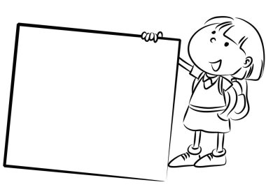 Elinde boş bir tabela tutan bir kızın karikatür çizimi.