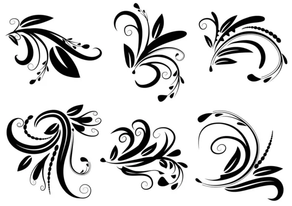 Ensemble Éléments Floraux Noirs Blancs — Image vectorielle