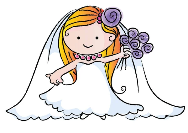 Kreslené Krásné Nevěsta Svatebních Šatech Izolované Bílém Pozadí Manželství Koncept — Stockový vektor