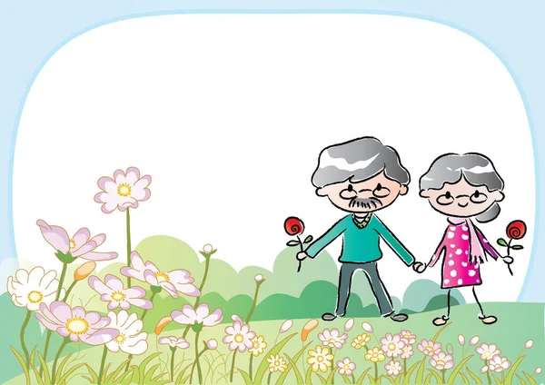 Cartone Animato Coppia Anziana Innamorata Tenendo Rose Piedi Sul Prato — Vettoriale Stock