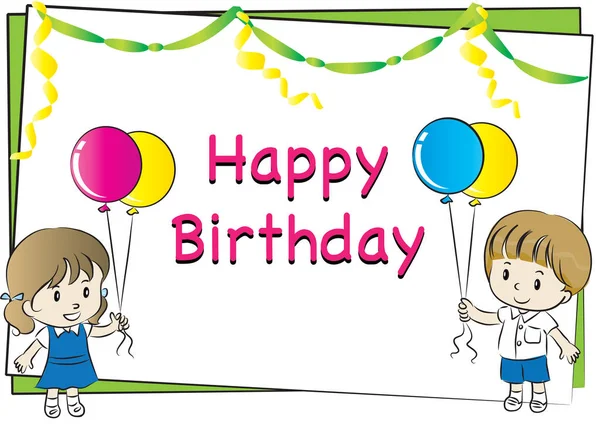 かわいい漫画の女の子と風船で幸せな誕生日カード — ストックベクタ