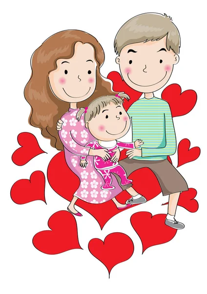 Cartoon Parents Daughter Hearts Isolated White Background Family Time Concept — Stock Vector