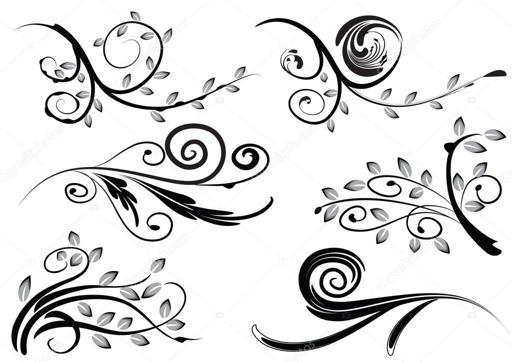 set of black and white floral elements