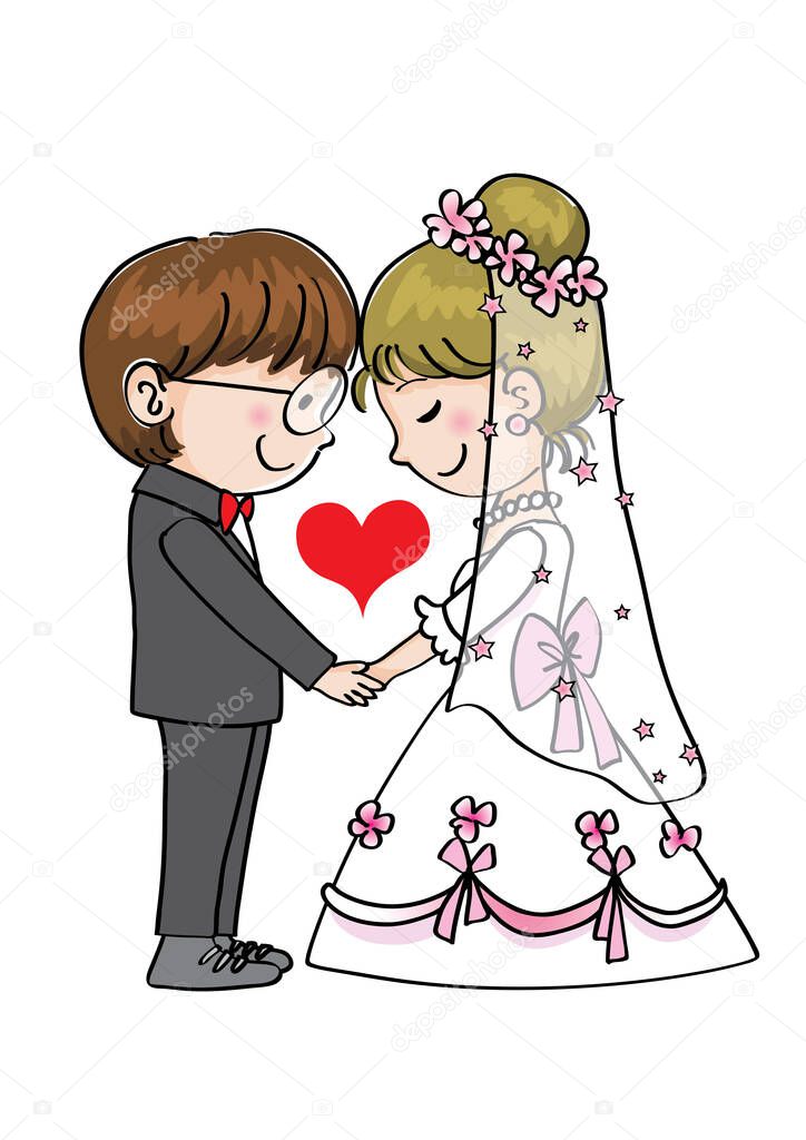 cartoon groom with bride in wedding dress isolated on white background, family time concept 