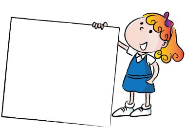 Boş bir pankart taşıyan bir kızın karikatür çizimi