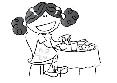 Çizgi film kızı yemek masasında beyaz arka planda tek başına yemek yiyor. 