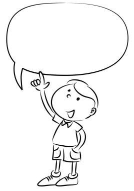 çizgi film mutlu küçük çocuk boş bir konuşma balonu tutuyor.