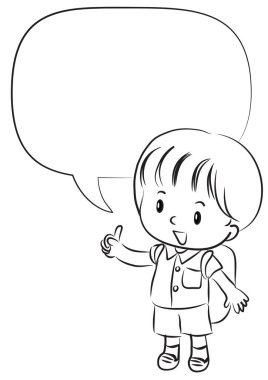 Konuşma baloncuğu olan küçük tatlı bir kızın siyah-beyaz çizimi