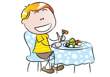 Pasta yiyen bir çocuğun resmi.