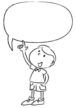 çizgi film mutlu küçük çocuk boş bir konuşma balonu tutuyor.