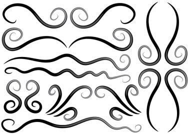 bir dizi kaligrafik tasarım elemanının siyah ve beyaz vektör çizimi