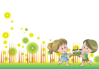 Bir kızla bir oğlanın çiçekle oynadığı resim.