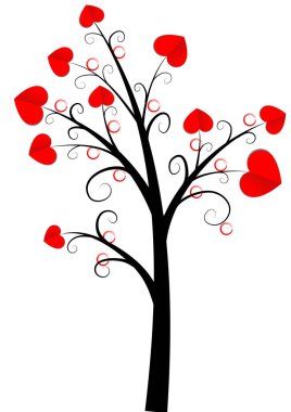 Kalp şeklinde yaprakları olan renkli düz romantik ağaç beyaz arkaplan, vektör, illüstrasyon