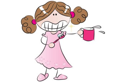 Elinde bir fincan kahve olan bir kızın çizgi film karakteri.