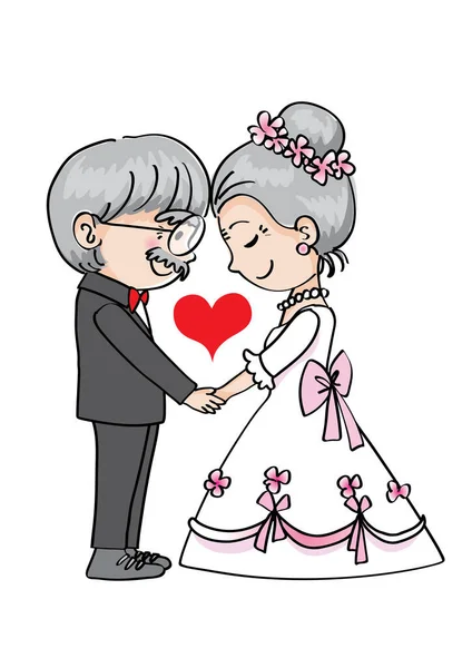 Cartoon Elderly Grey Haired Groom Bride Wedding Dress Isolated White — Stock Vector