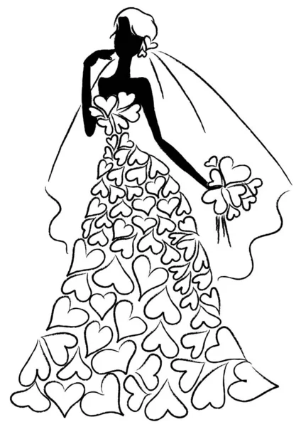 Kreslené Krásné Nevěsta Svatebních Šatech Izolované Bílém Pozadí Manželství Koncept — Stockový vektor