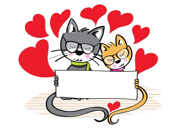 Lindos Gatos Negros Enamorados Banner Blanco Vacío Corazones Aislados Sobre — Vector de stock