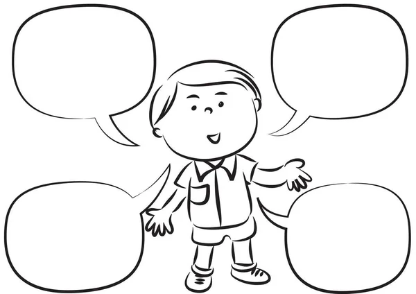 一个男孩拿着一个空白的语音泡沫的黑白卡通画 — 图库矢量图片