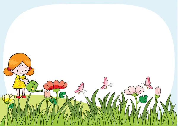 Spring Frame Little Girl Flowers — Stock Vector