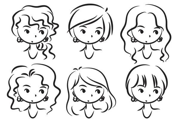 Farklı kızların sevimli çizgi film yüzleri.