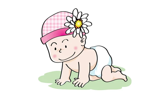 かわいい漫画の女の子でピンクのドレスに花 — ストックベクタ